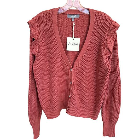 Marled Long Sleeve V Neck Ruffle Shoulder Cardigan Sweater, Large - Picture 1 of 8